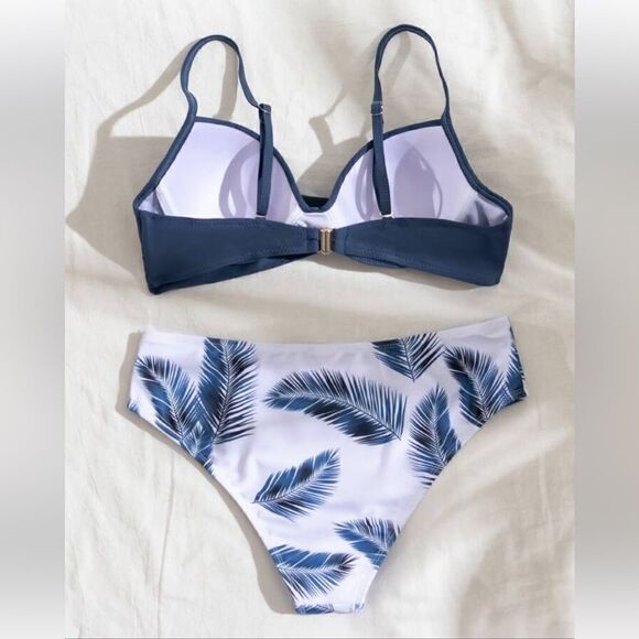 NWT Swim Leaf Print Push Up Bikini Swimsuit blue white‎ size small - Picture 4 of 7